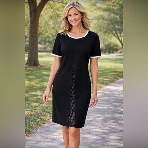 Connected Dress 10 Black White Polka Panel Stretch Shift Short Sleeve Washable